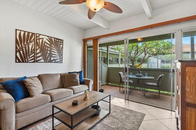 tiled living room featuring beam ceiling, wooden ceiling, plenty of natural light, and ceiling fan