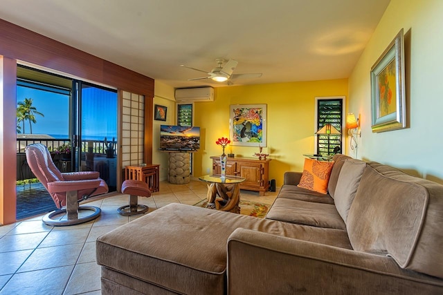 tiled living room featuring a ceiling fan and a wall mounted AC