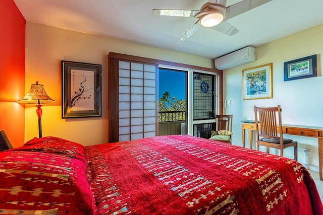 bedroom with access to outside, an AC wall unit, and ceiling fan