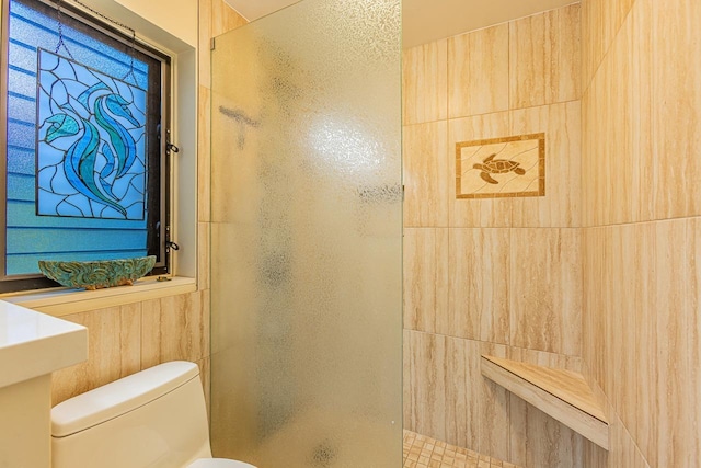 full bath featuring toilet and a shower stall