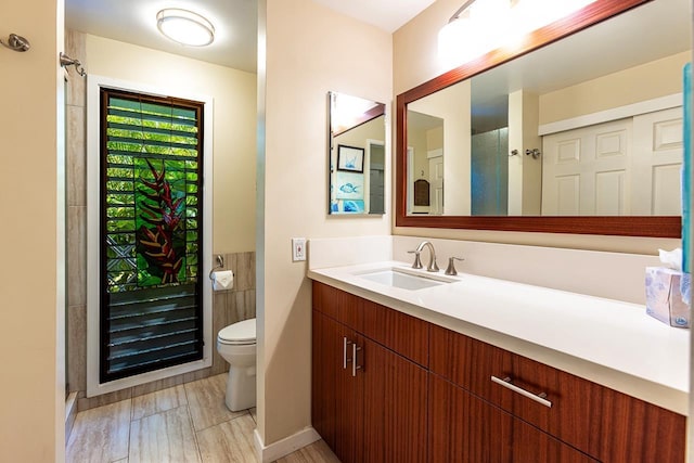 bathroom featuring a shower, vanity, and toilet