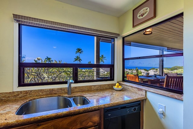 kitchen featuring dishwasher, stone countertops, and a sink