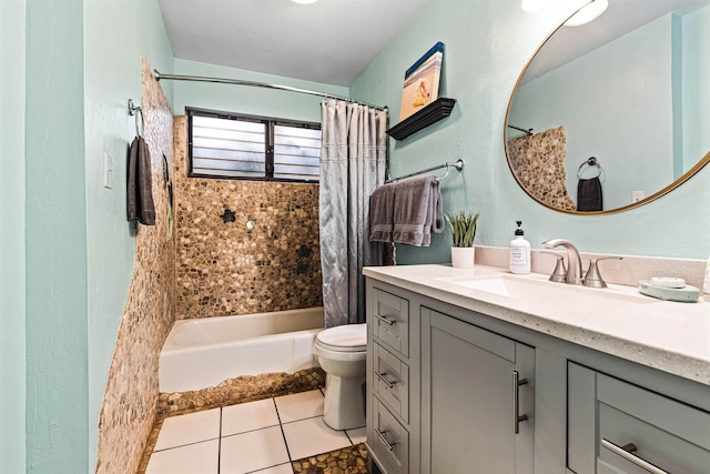 full bathroom featuring tile patterned floors, shower / bathtub combination with curtain, vanity, and toilet