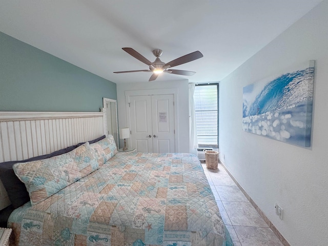 bedroom featuring baseboards, ceiling fan, and a closet