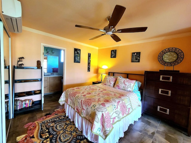 bedroom featuring ensuite bath, ceiling fan, crown molding, and a wall mounted air conditioner