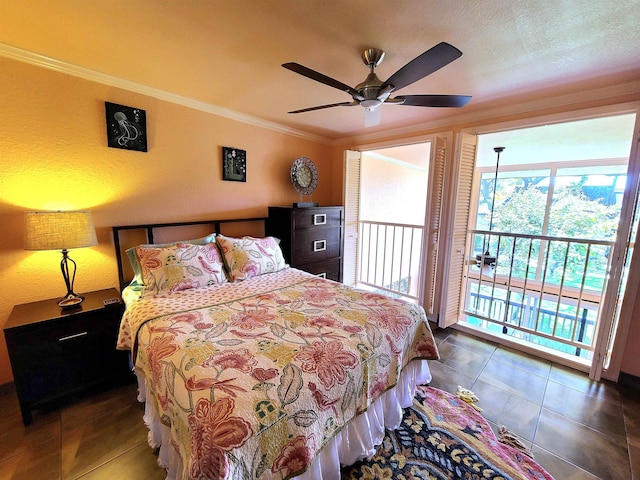 tiled bedroom with a textured ceiling, ceiling fan, crown molding, and access to outside