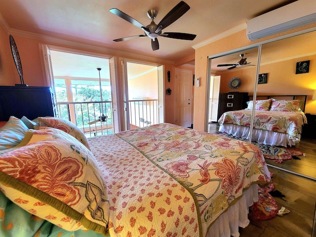 bedroom with an AC wall unit, ceiling fan, access to exterior, ornamental molding, and a closet