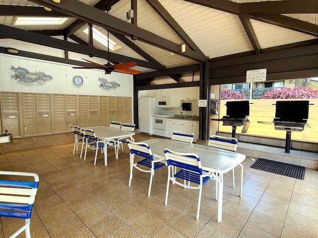 dining area with beam ceiling, sink, and high vaulted ceiling