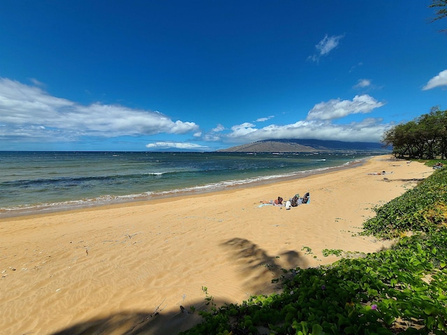 view of water feature with a beach view