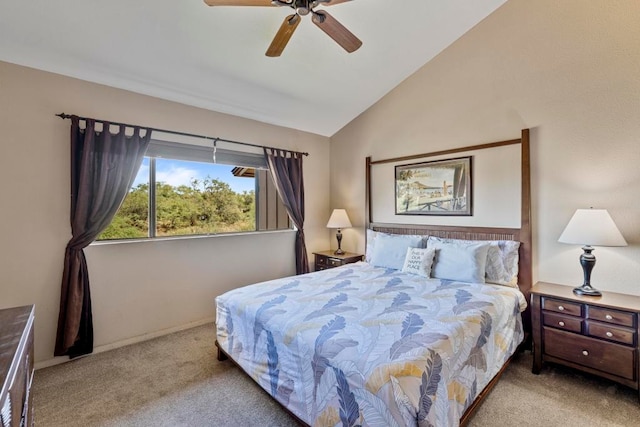 carpeted bedroom with lofted ceiling and ceiling fan