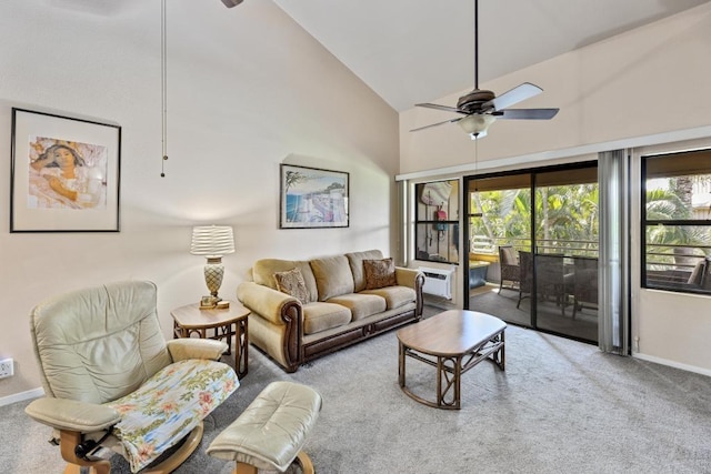 679 S Kihei Rd Unit D205, Kihei, HI 96753 - carpeted living area featuring a ceiling fan, baseboards, and high vaulted ceiling