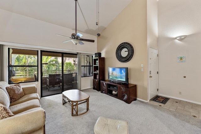 679 S Kihei Rd Unit D205, Kihei, HI 96753 - living area with baseboards, carpet, ceiling fan, and high vaulted ceiling
