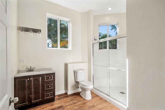 bathroom with hardwood / wood-style floors, vanity, toilet, and a shower with shower door