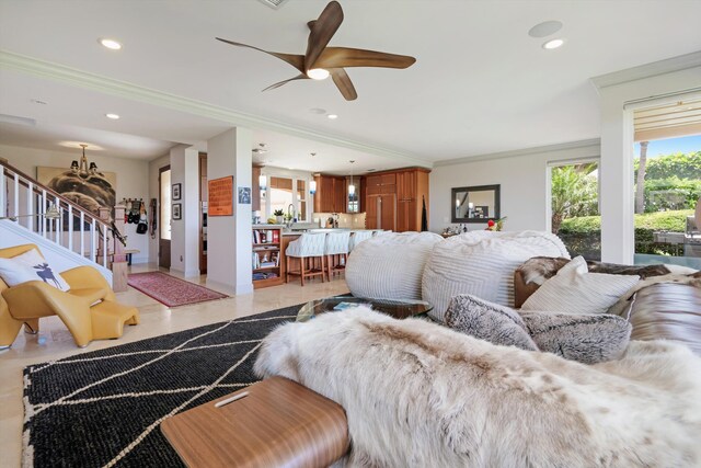 2335 Hihimanu St Unit 117, Kihei, HI 96753 - living area with crown molding, a ceiling fan, stairs, recessed lighting, and light tile patterned flooring