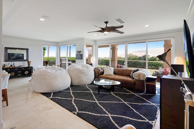 2335 Hihimanu St Unit 117, Kihei, HI 96753 - living area featuring ornamental molding, ceiling fan, and recessed lighting
