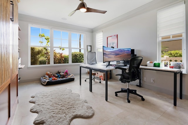 2335 Hihimanu St Unit 117, Kihei, HI 96753 - home office featuring crown molding, healthy amount of natural light, ceiling fan, and tile patterned flooring