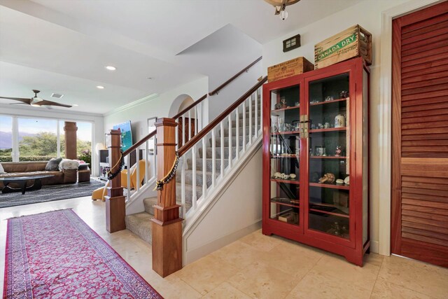 2335 Hihimanu St Unit 117, Kihei, HI 96753 - stairs with ceiling fan, recessed lighting, ornamental molding, and tile patterned floors