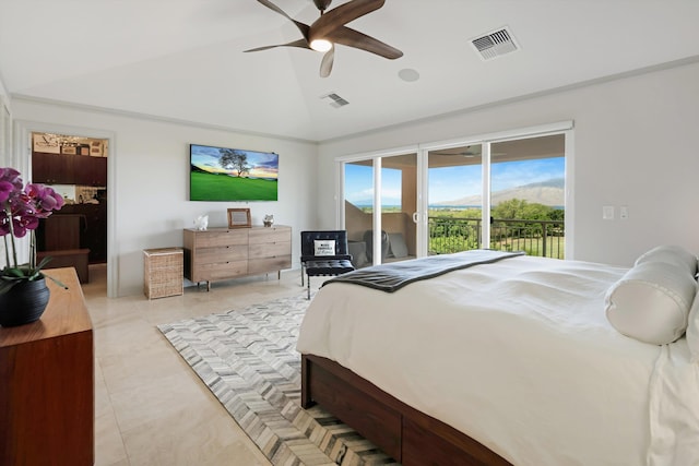2335 Hihimanu St Unit 117, Kihei, HI 96753 - bedroom featuring access to outside, lofted ceiling, light tile patterned flooring, and a ceiling fan