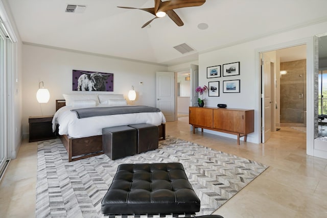 2335 Hihimanu St Unit 117, Kihei, HI 96753 - bedroom with vaulted ceiling, light tile patterned floors, ensuite bath, and a ceiling fan