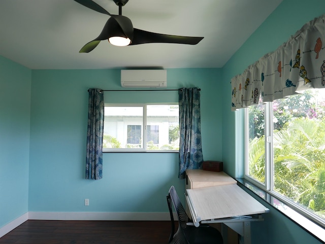 interior space with dark hardwood / wood-style floors and an AC wall unit