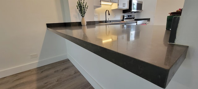 interior details with sink, white cabinetry, stainless steel appliances, and dark wood-type flooring