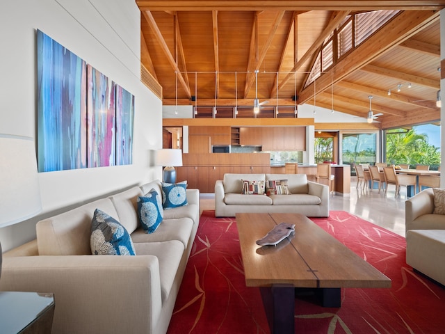 3100 Wailea Alanui Dr Unit 12, Kihei, HI 96753 - living area featuring wooden ceiling with exposed beams, a ceiling fan, and high vaulted ceiling