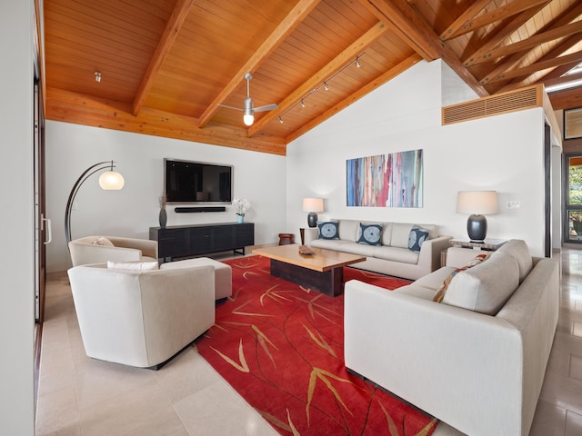 3100 Wailea Alanui Dr Unit 12, Kihei, HI 96753 - living area featuring wood ceiling with exposed beams, light tile patterned flooring, and high vaulted ceiling