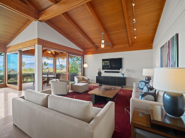3100 Wailea Alanui Dr Unit 12, Kihei, HI 96753 - living area with wooden ceiling, track lighting, ceiling fan, and tile patterned flooring