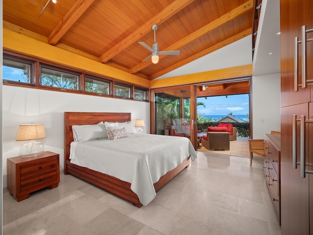 3100 Wailea Alanui Dr Unit 12, Kihei, HI 96753 - bedroom featuring access to exterior, wood ceiling with exposed beams, and high vaulted ceiling