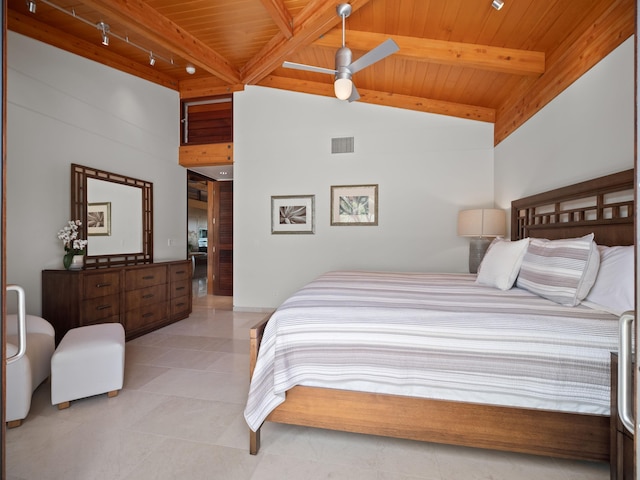 3100 Wailea Alanui Dr Unit 12, Kihei, HI 96753 - bedroom with wood ceiling with exposed beams, high vaulted ceiling, a ceiling fan, and light tile patterned flooring