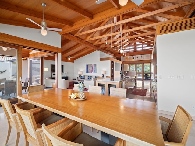 3100 Wailea Alanui Dr Unit 12, Kihei, HI 96753 - dining space with wood ceiling with exposed beams, ceiling fan, and high vaulted ceiling