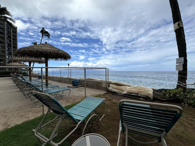 view of patio / terrace with a water view