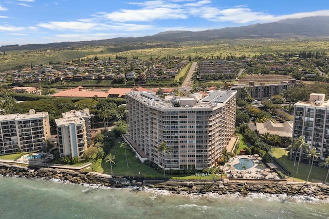 bird's eye view featuring a water and mountain view