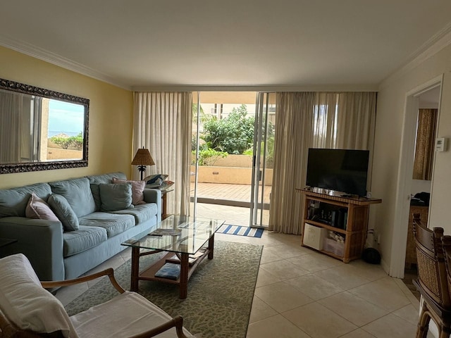 tiled living room with ornamental molding, floor to ceiling windows, and a wealth of natural light