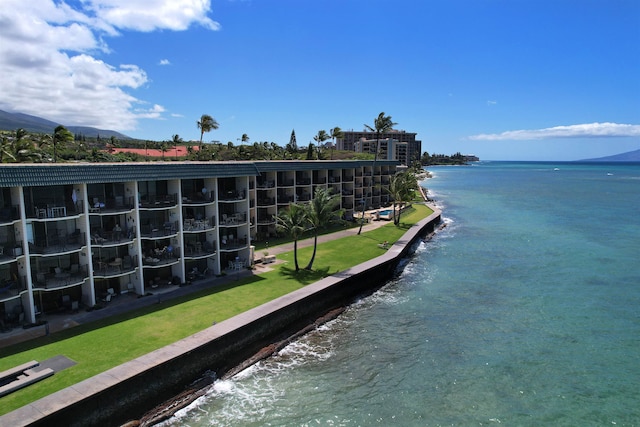 exterior space with a water view