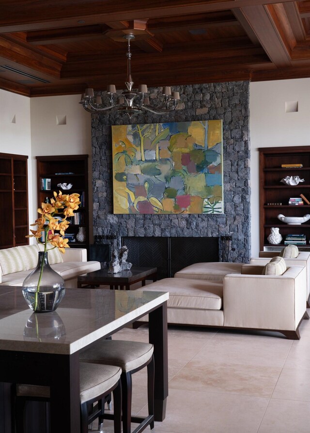 bar featuring a fireplace, a notable chandelier, beamed ceiling, wood ceiling, and light tile patterned floors