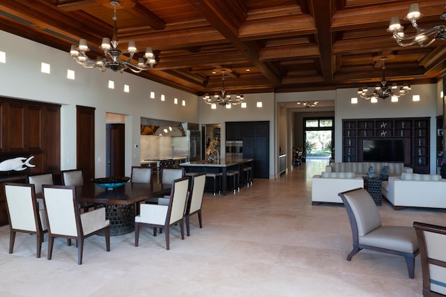 dining area featuring a high ceiling, a chandelier, wooden ceiling, beam ceiling, and coffered ceiling