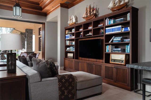 living room with wood ceiling