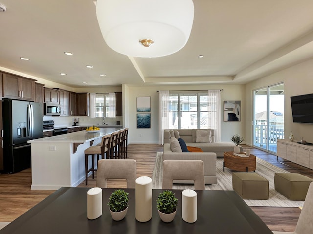 living room featuring light hardwood / wood-style floors, a raised ceiling, and sink