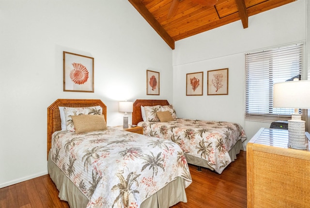 bedroom featuring wood ceiling, baseboards, vaulted ceiling with beams, and wood finished floors