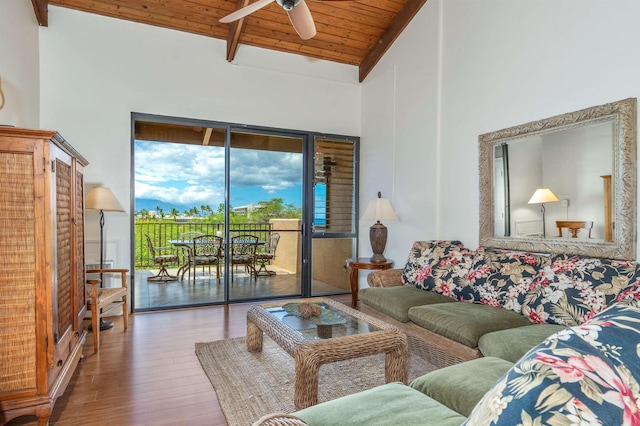 living area with beam ceiling, a ceiling fan, wood finished floors, wood ceiling, and high vaulted ceiling