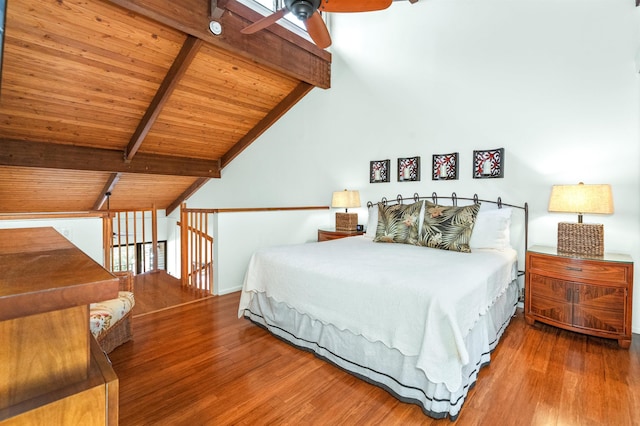 bedroom with wood finished floors, wooden ceiling, and lofted ceiling with beams