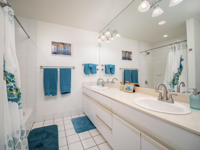 2777 S Kihei Rd Unit K-101, Kihei, HI 96753 - bathroom with tile patterned floors, double vanity, shower / tub combo with curtain, and recessed lighting