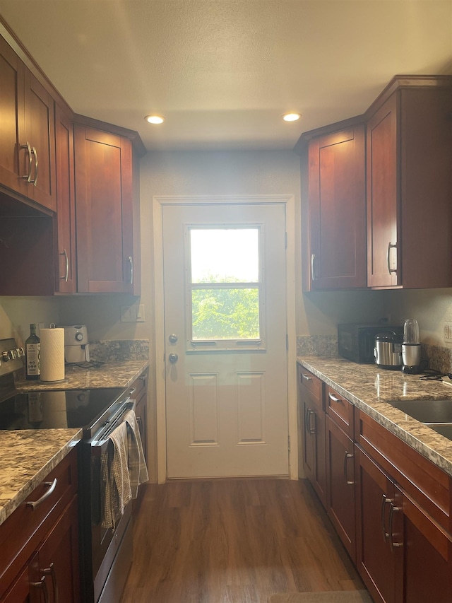 kitchen with light stone counters, stainless steel electric stove, dark wood-type flooring, and sink