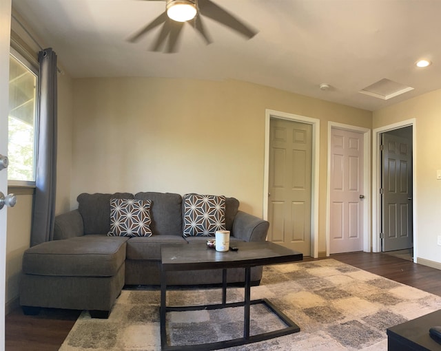 living room with hardwood / wood-style flooring and ceiling fan