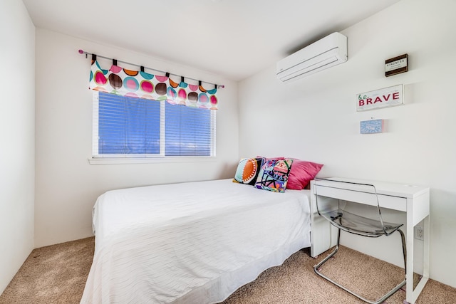 carpeted bedroom featuring a wall unit AC