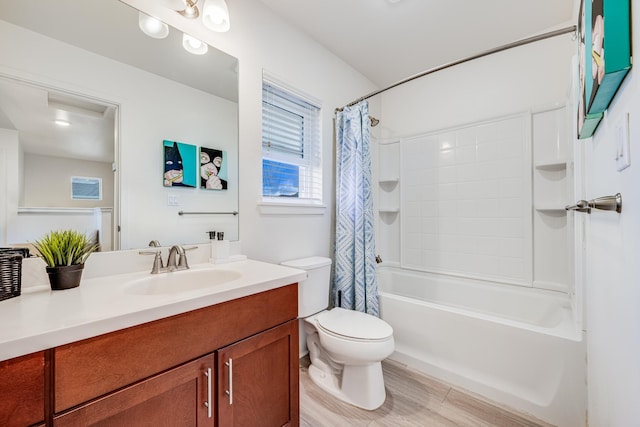 full bathroom with shower / bath combination with curtain, vanity, toilet, and wood-type flooring