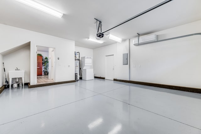 garage with water heater, a garage door opener, and electric panel