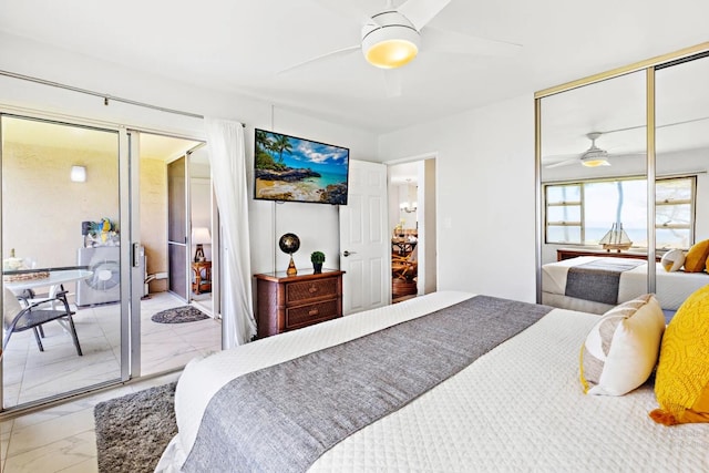 bedroom featuring ceiling fan and a closet