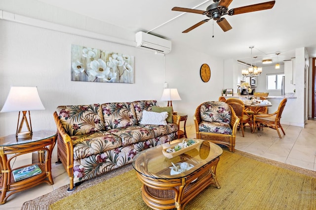 living room with ceiling fan with notable chandelier, light tile patterned floors, and a wall unit AC